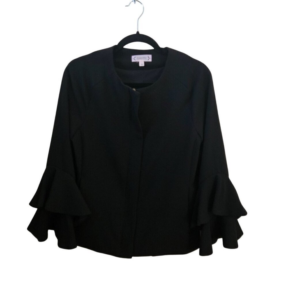 Nanette Lepore Black Round Neck Tiered Sleeve Full Zip Blazer Pockets Size 4